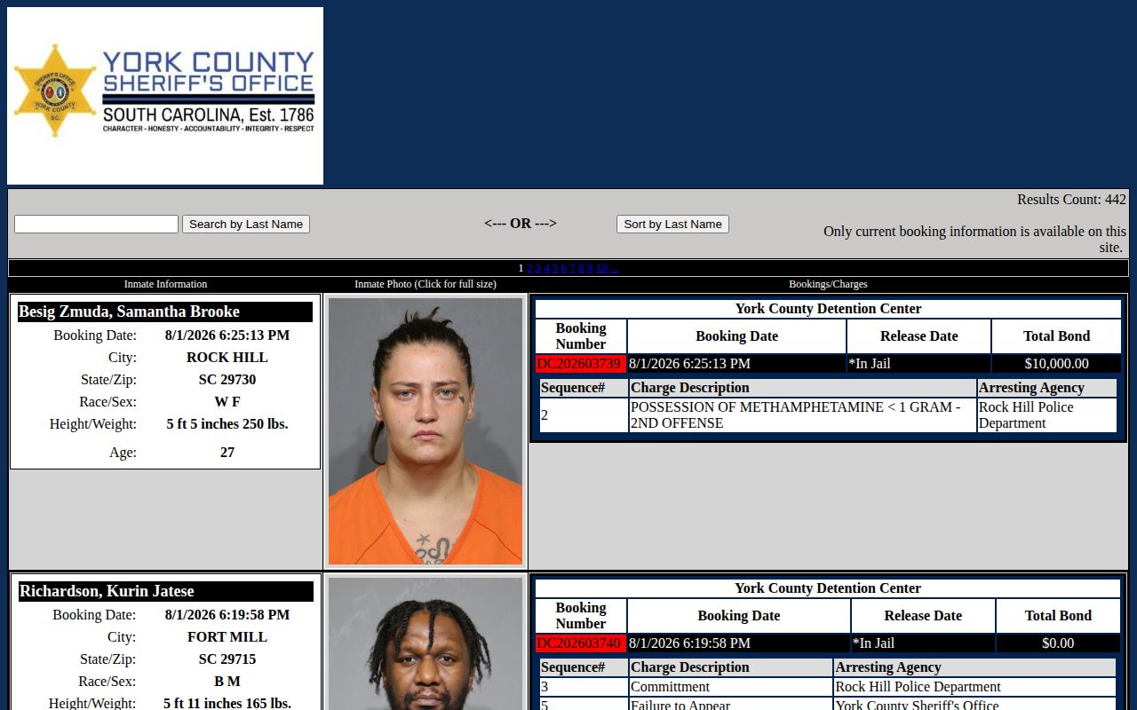 York County Detention Center current roster and release record field