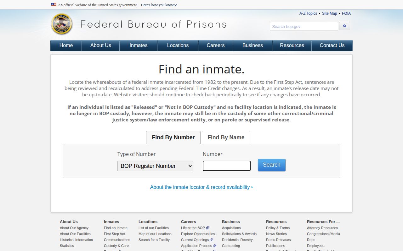 Federal BOP release locator for a York County custody transfer