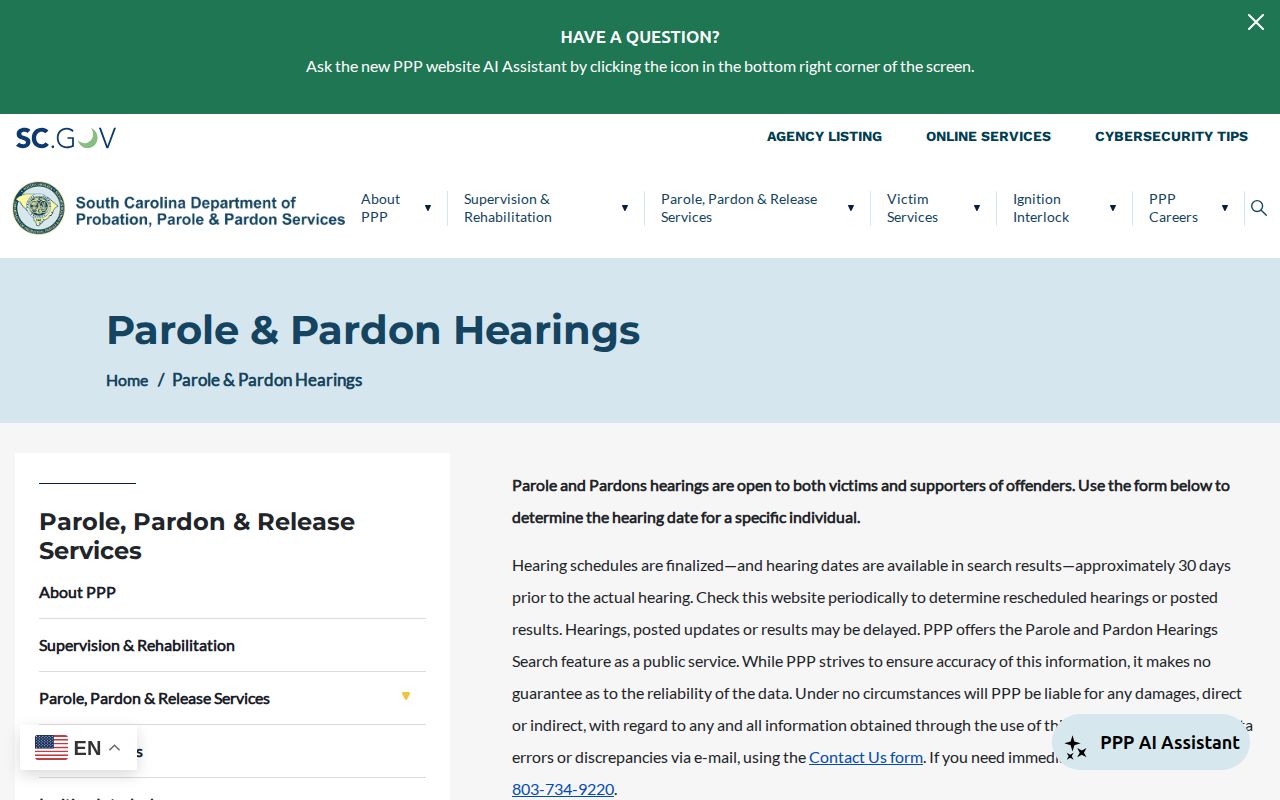 South Carolina parole hearing information for York County supervision